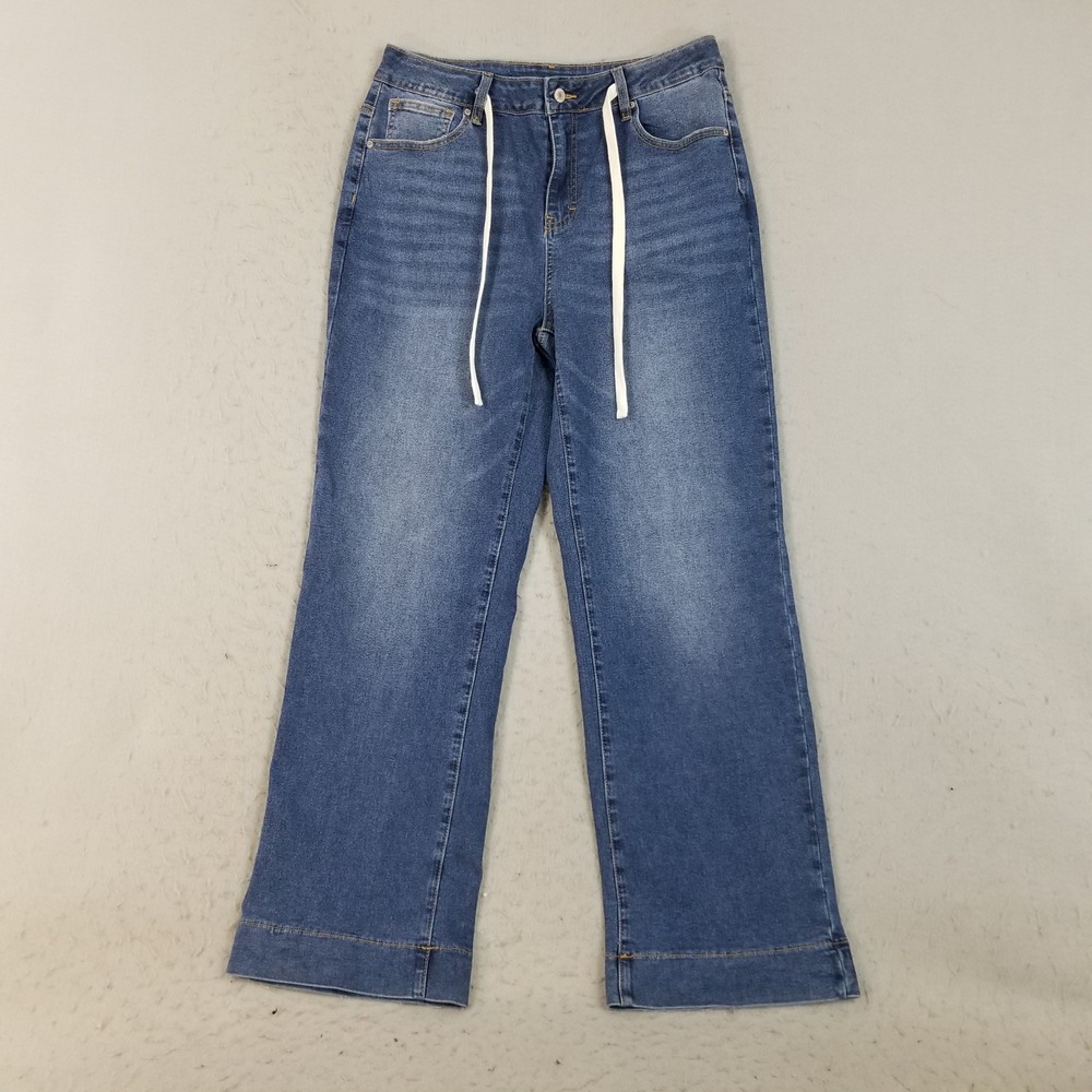 Sidefeel Jeans Women 14 Blue Drawstring Wide Leg High Rise Stretch Denim 823-1